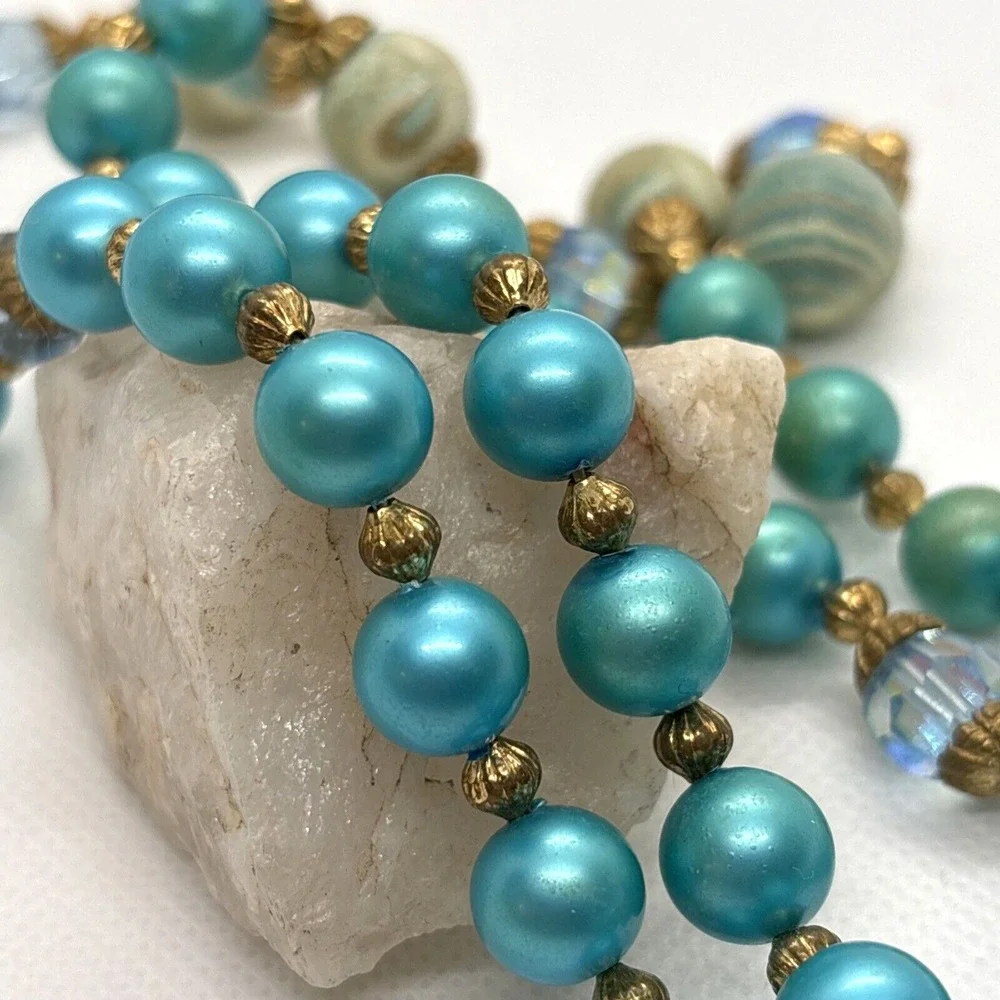 Vintage Aqua Blue Green Plastic Bead 2 Strand Tiered 16'' Necklace 1960s Retro‎